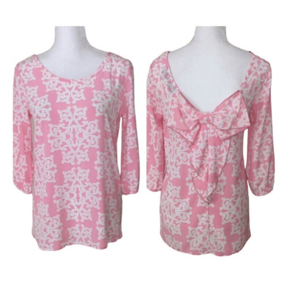 Francesca's Blue Rain Pink White Bow Back 3/4 Sleeve Blouse Top‎ Size Small
